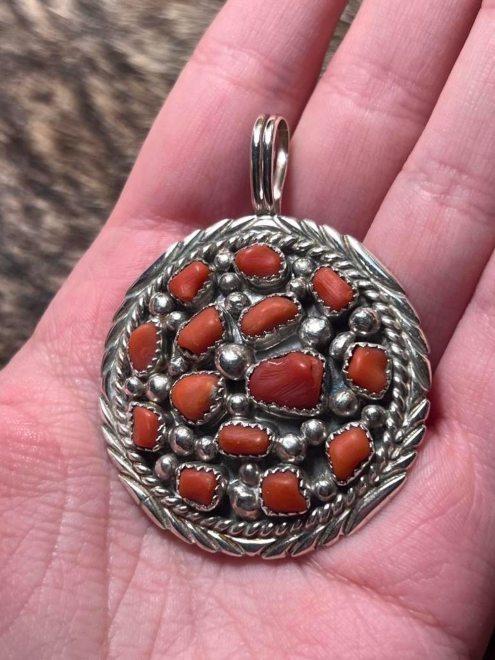 Sterling silver Native American Navajo Dorothy Martinez coral pendant